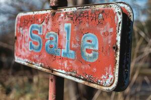 Rusty vintage sale sign in a desolate area photo