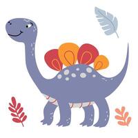 encantador ilustración de un linda Violeta dinosaurio en un plano estilo. simpático y juguetón diseño es ideal para para niños libros, camiseta, guardería decoración, saludo tarjetas, fiesta invitaciones vector