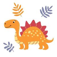 encantador ilustración de un linda naranja dinosaurio en un plano estilo. simpático y juguetón diseño es ideal para para niños libros, camiseta, guardería decoración, saludo tarjetas, fiesta invitaciones vector