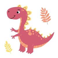 encantador ilustración de un linda rojo dinosaurio en un plano estilo. simpático y juguetón diseño es ideal para para niños libros, camiseta, guardería decoración, saludo tarjetas, fiesta invitaciones vector