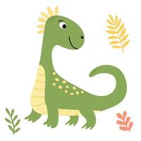 Charming illustration of a cute green dinosaur in a flat style. Friendly and playful design is ideal for children books, t-shirt, nursery decor, greeting cards, party invitations vector