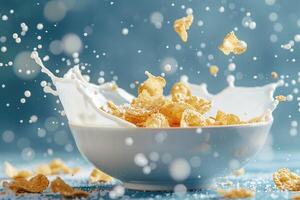 Corn flakes and splashing milk against a serene blue background photo