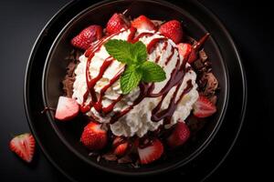 A luxurious dessert with rich chocolate, fresh strawberries, and whipped cream photo