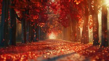 Tree lined pathway leading into a autumn colored park photo