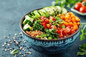 Vegan Buddha or poke bowl salad with buckwheat, vegetables and seeds on blue background photo