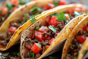 Mexican tacos with ground beef, tomatoes, and cilantro photo