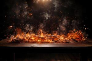 Wooden table with fire burning at the edge of the table on a dark background to display products photo