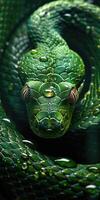 Coiled green snake with raindrops on its skin photo