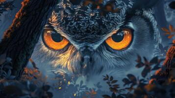 A mysterious owl camouflaged among the leaves, its intense orange eyes piercing through the foliage photo