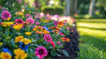 Multi-colored flower bed in the park. Outdoor summer gardening. photo