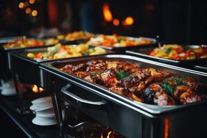 Catering buffet food indoor in restaurant with grilled meat. photo