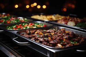 Catering buffet food indoor in restaurant with grilled meat. photo