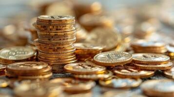 An array of golden Bitcoin coins arranged on a reflective surface, highlighting cryptocurrency photo