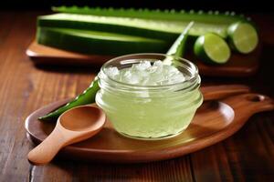 Aloe gel on wooden spoon with aloe sliced on wooden table. photo