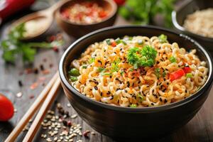 Cooked instant noodles sprinkled with spices, vegetables, herbs. Asian noodle soup ramen on wooden chopsticks photo