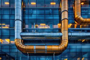 Modern industrial building with pipes, heat exchangers and valves. photo