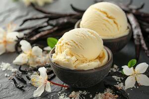 Vanilla ice cream with flowers and vanilla pods photo