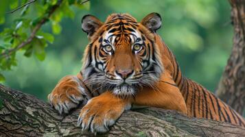 Tiger on a tree in the green jungle of central India photo
