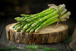 Bunch of green asparagus on wooden board photo