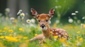 Fawn lying in sunlit grass photo