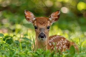 Adorable fawn resting in green meadow photo