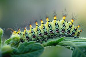 Closeup shot of a caterpillar crawling on the green plant photo