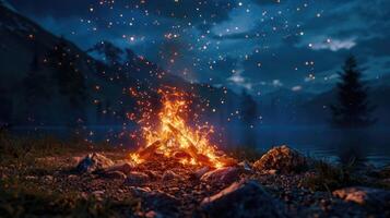 Glowing campfire with sparks by a calm lake during a colorful sunset photo