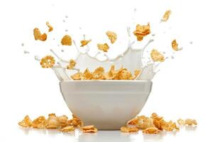 Cornflakes exploding in milk splash in a bowl photo