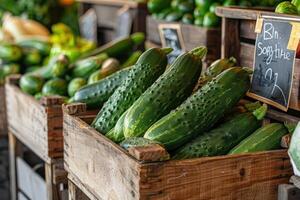 Fresh cucumbers on a market stand photo