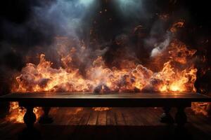 Wooden table with fire burning at the edge of the table on a dark background to display products photo