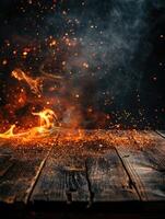 Wooden table with fire burning at the edge of the table on a dark background to display products photo