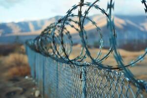 Barbed and razor wire fence. Fencing the state border against immigration photo