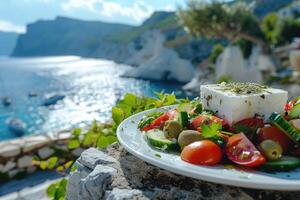 Greek salad with tomatoes, cucumbers, white feta cheese, olives and the sea in the background photo