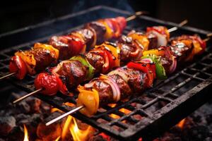 Skewers of meat on the grill with onions and peppers. photo