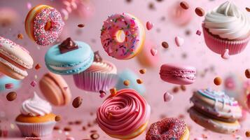 Composition of flying donuts, macarons, and sweets against a delicate pink background photo