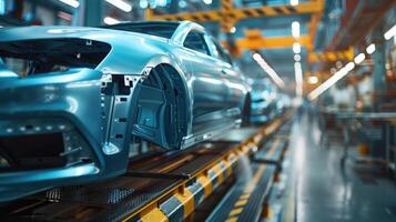 Car body on an automotive assembly line in a factory before paint is applied. Movement of vehicles along the production line at the plant. photo