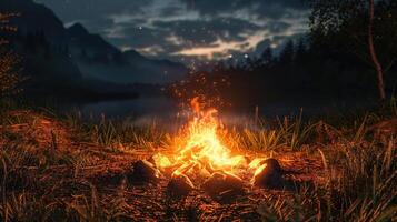 Blazing campfire in a dark forest at night photo