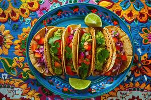 Mexican tacos with guacamole and vegetables in a blue plate on a Mexican embroidered textile photo