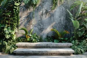 Minimalist concrete podium in the midst of lush green foliage inside a tropical greenhouse photo