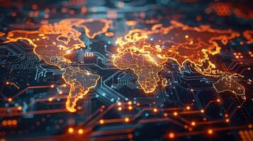 World map digital tech circuit board background photo