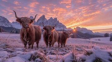 Highland cow in frosty morning dolomite mountain landscape photo