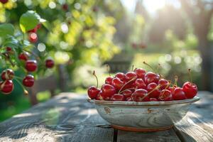 Fresh red cherries fruit in bowl on table in garden photo