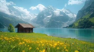 Alpine house by lake with lush greenery and mountains photo