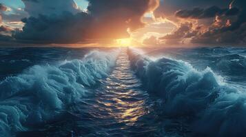 Ocean separate up to form canal. Bible miracle of Moses parting red sea for passage photo