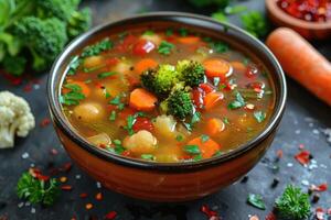 Spicy vegetable soup with in a bowl. Cauliflower, broccoli, carrots. photo