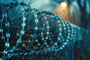 Barbed and razor wire fence. Fencing the state border against immigration photo