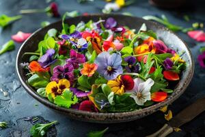 Fresh salad of spring vegetables decorated with edible flowers photo