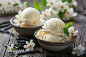 vainilla hielo crema con flores y vainilla vainas foto