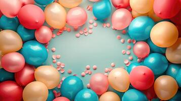 Vibrant balloons frame with a blue background photo