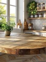 Empty round wood tabletop counter on interior in clean and bright kitchen background photo